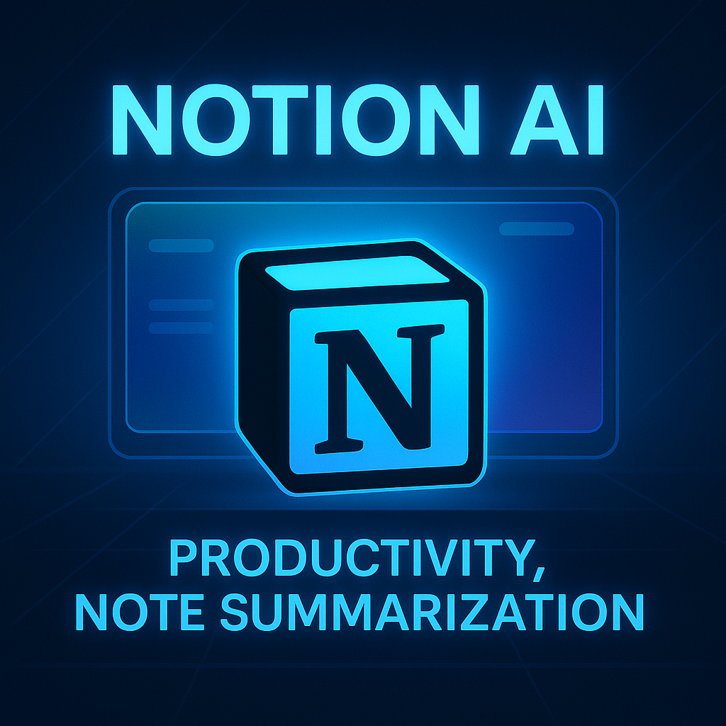 Futuristic Notion AI branding with glowing cube logo and digital interface representing productivity and note summarization features.