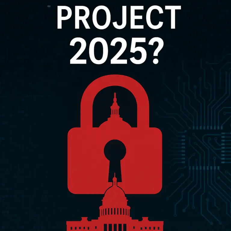 Project 2025 concept illustration showing a digital government padlock, circuit board patterns, and political structure symbols.