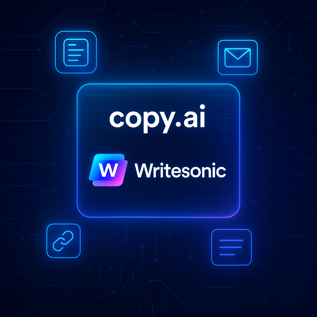 Futuristic digital design featuring Copy.ai and Writesonic logos on a glowing tech interface with icons for email, content, and links.