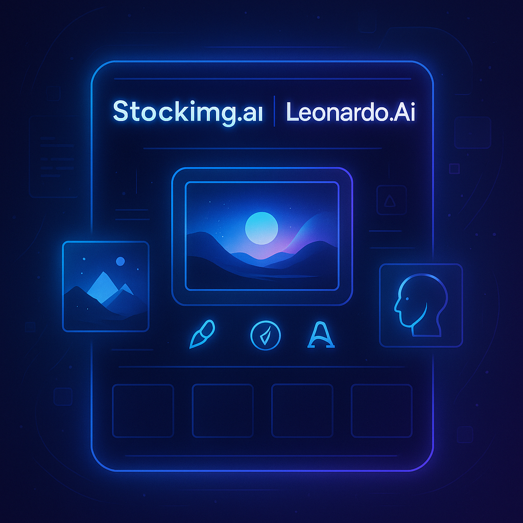Futuristic AI interface with glowing thumbnails, showcasing digital artwork creation using Stockimg.ai and Leonardo.ai.