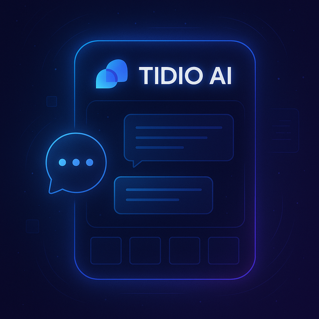 Futuristic chatbot interface featuring the Tidio logo, live chat window, and glowing blue speech icons.