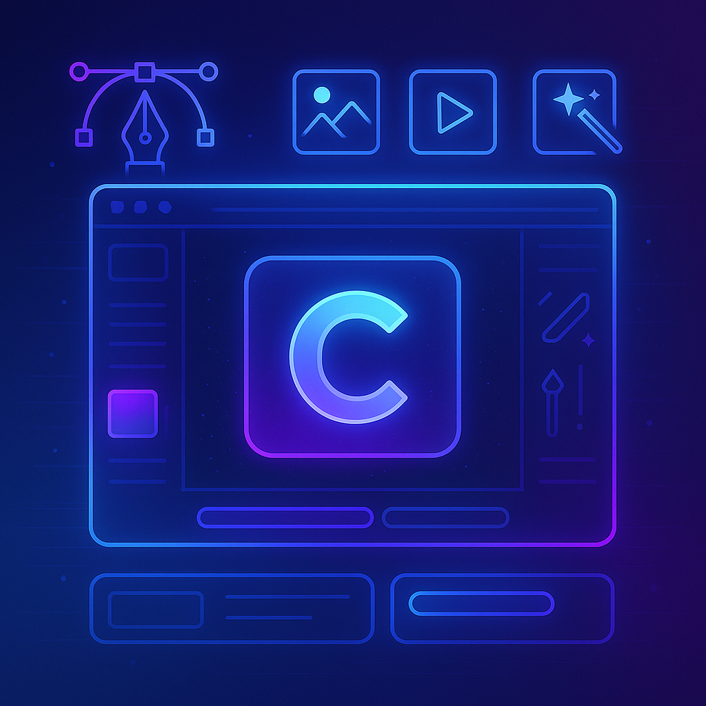 Canva Magic Studio interface with glowing design icons like pen, photo, and video, set on a modern digital workspace.